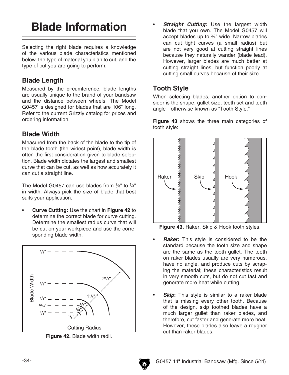 Blade information, Blade length, Blade width | Tooth style | Grizzly G0457 User Manual | Page 36 / 64