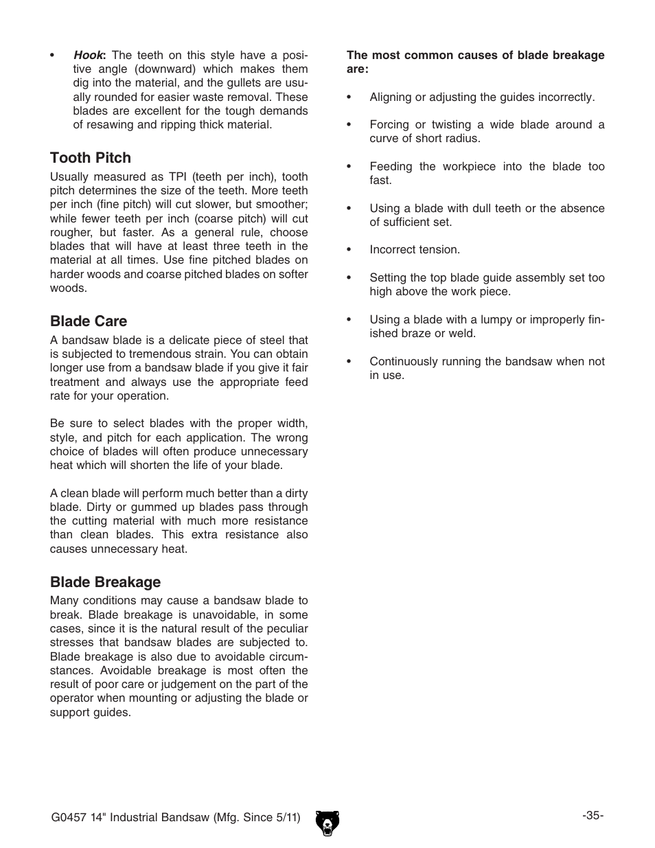 Tooth pitch, Blade care, Blade breakage | Grizzly G0457 User Manual | Page 37 / 64