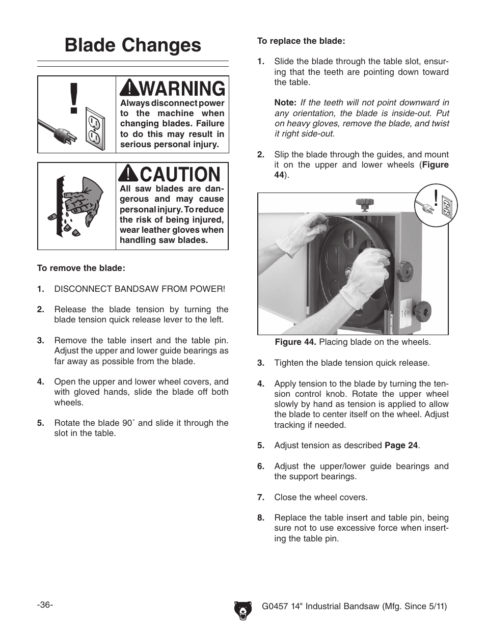 Blade changes | Grizzly G0457 User Manual | Page 38 / 64