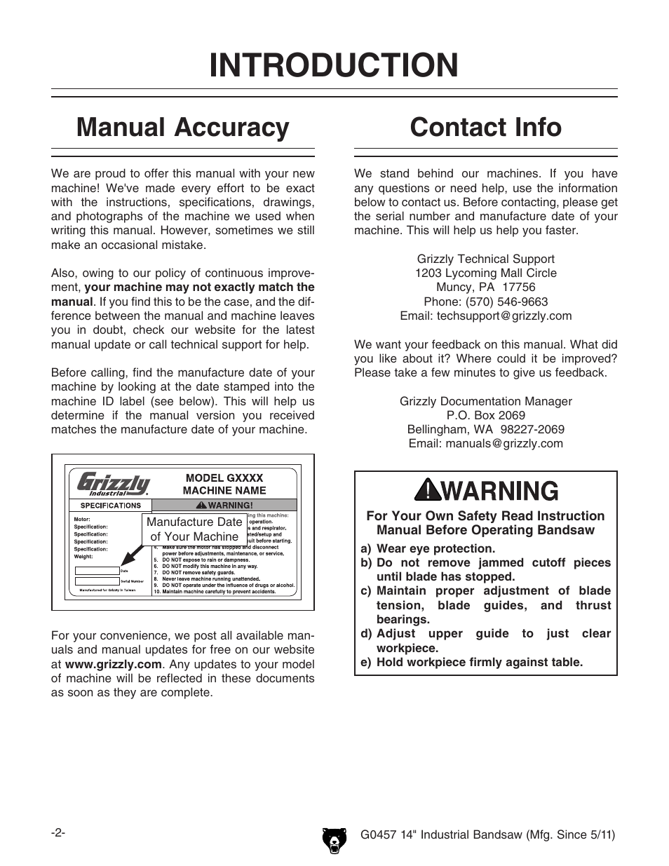 Introduction, Manual accuracy, Contact info | Grizzly G0457 User Manual | Page 4 / 64