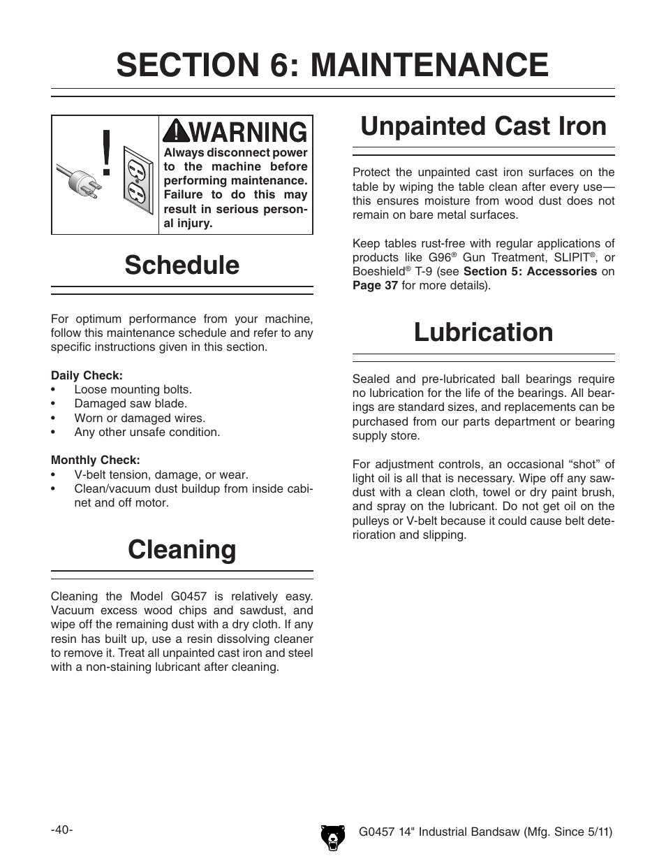 Schedule, Cleaning, Unpainted cast iron | Lubrication | Grizzly G0457 User Manual | Page 42 / 64