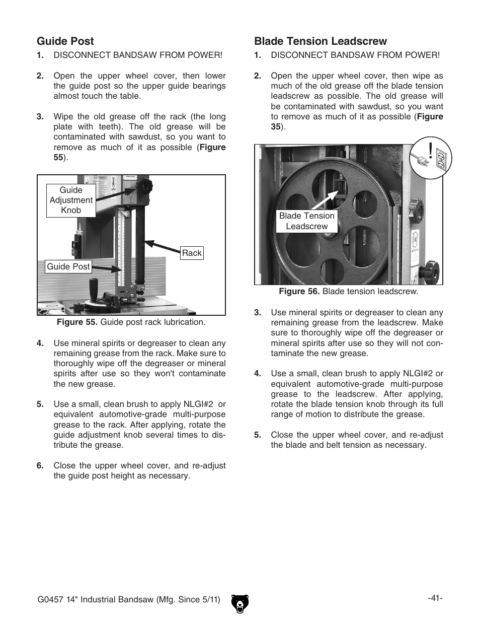 Guide post, Blade tension leadscrew | Grizzly G0457 User Manual | Page 43 / 64