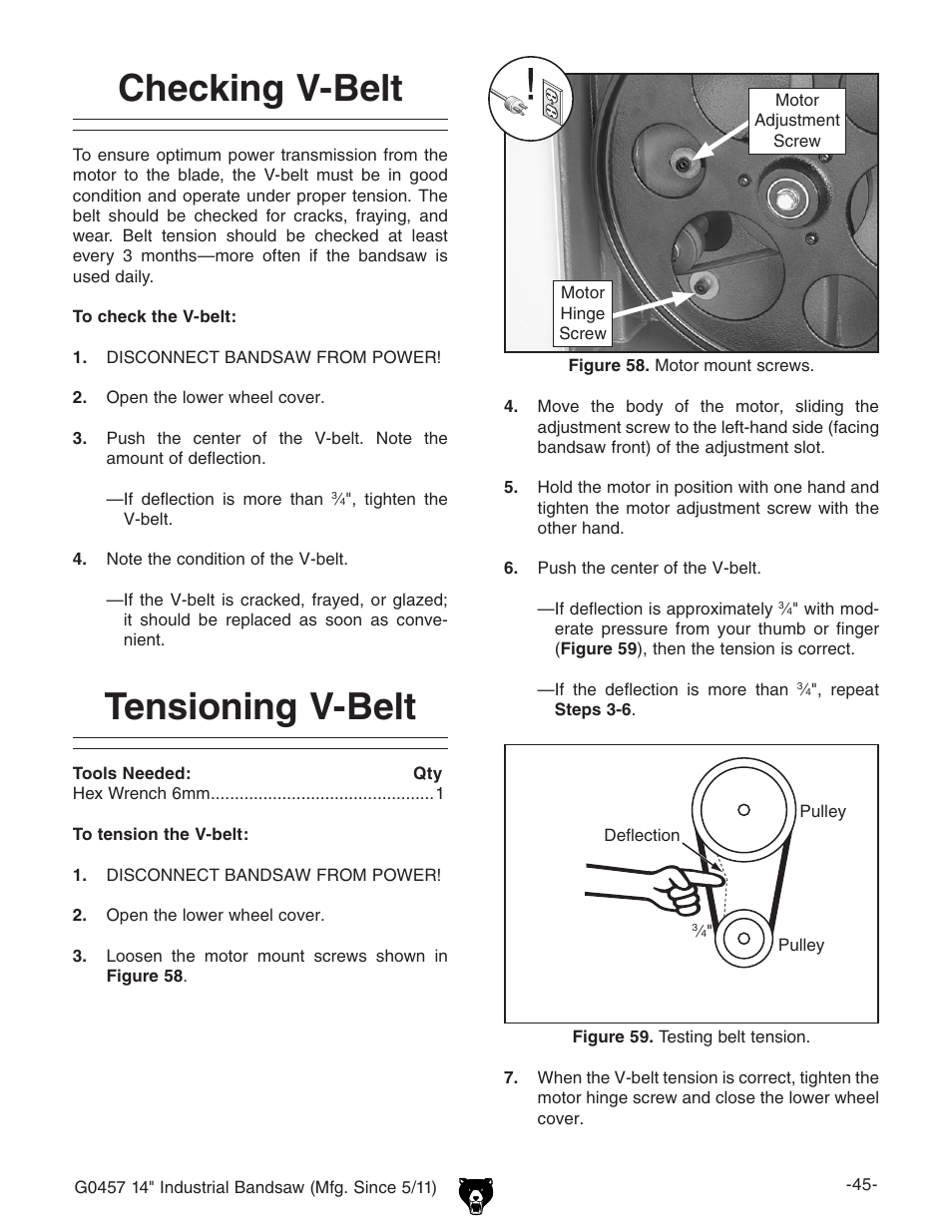 Checking v-belt, Tensioning v-belt | Grizzly G0457 User Manual | Page 47 / 64