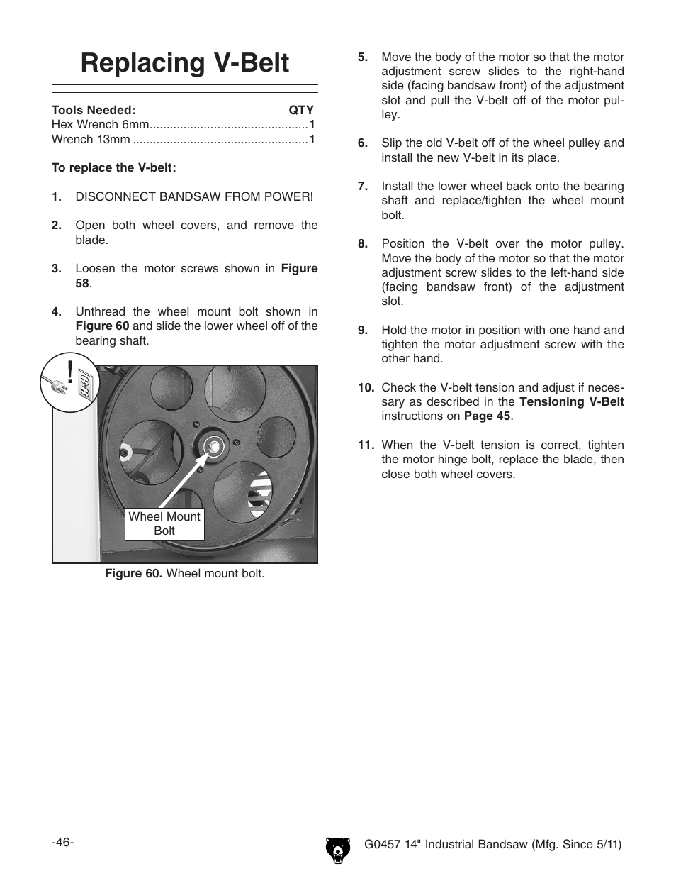 Replacing v-belt | Grizzly G0457 User Manual | Page 48 / 64