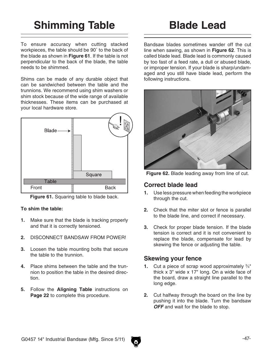 Shimming table blade lead | Grizzly G0457 User Manual | Page 49 / 64