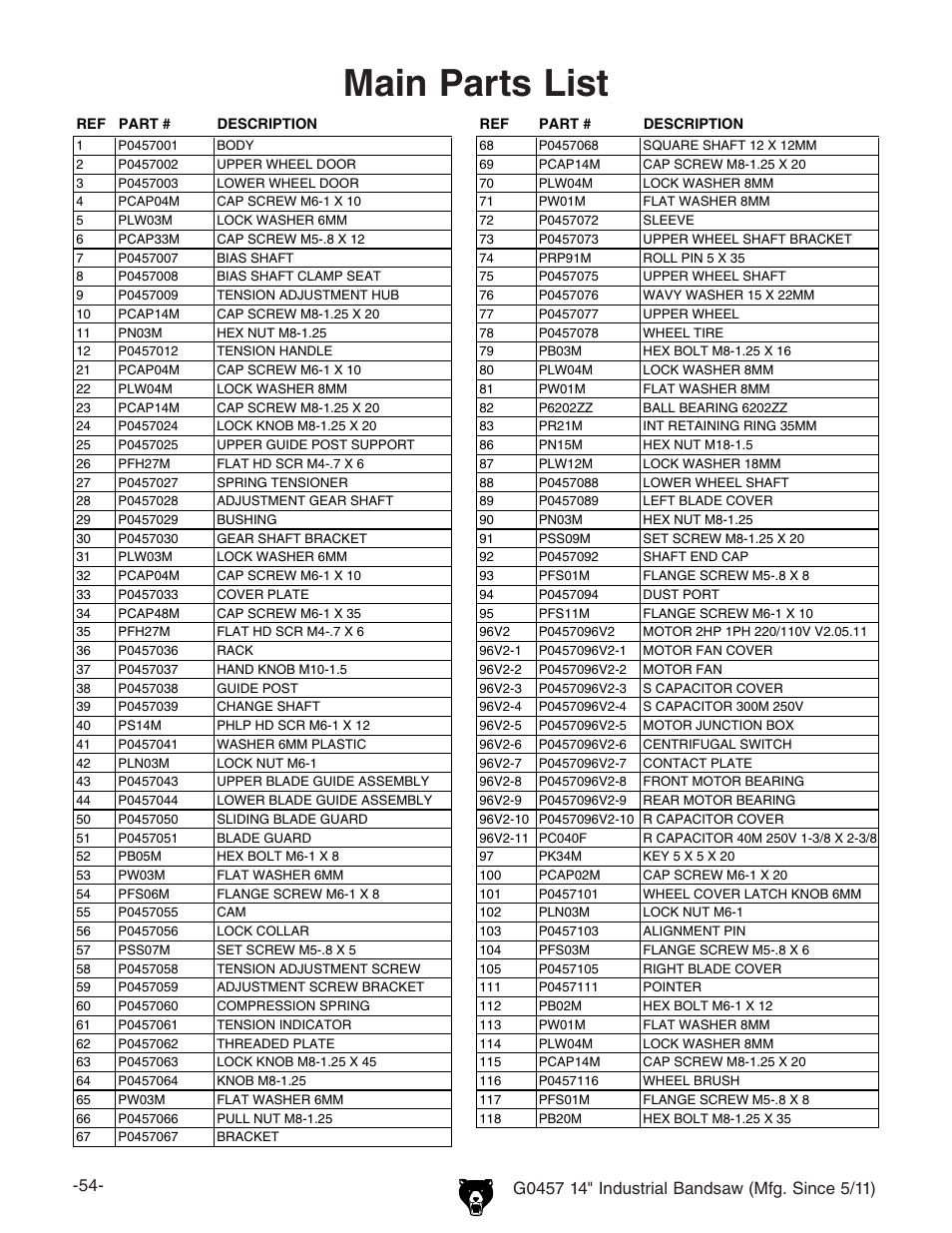 Main parts list | Grizzly G0457 User Manual | Page 56 / 64