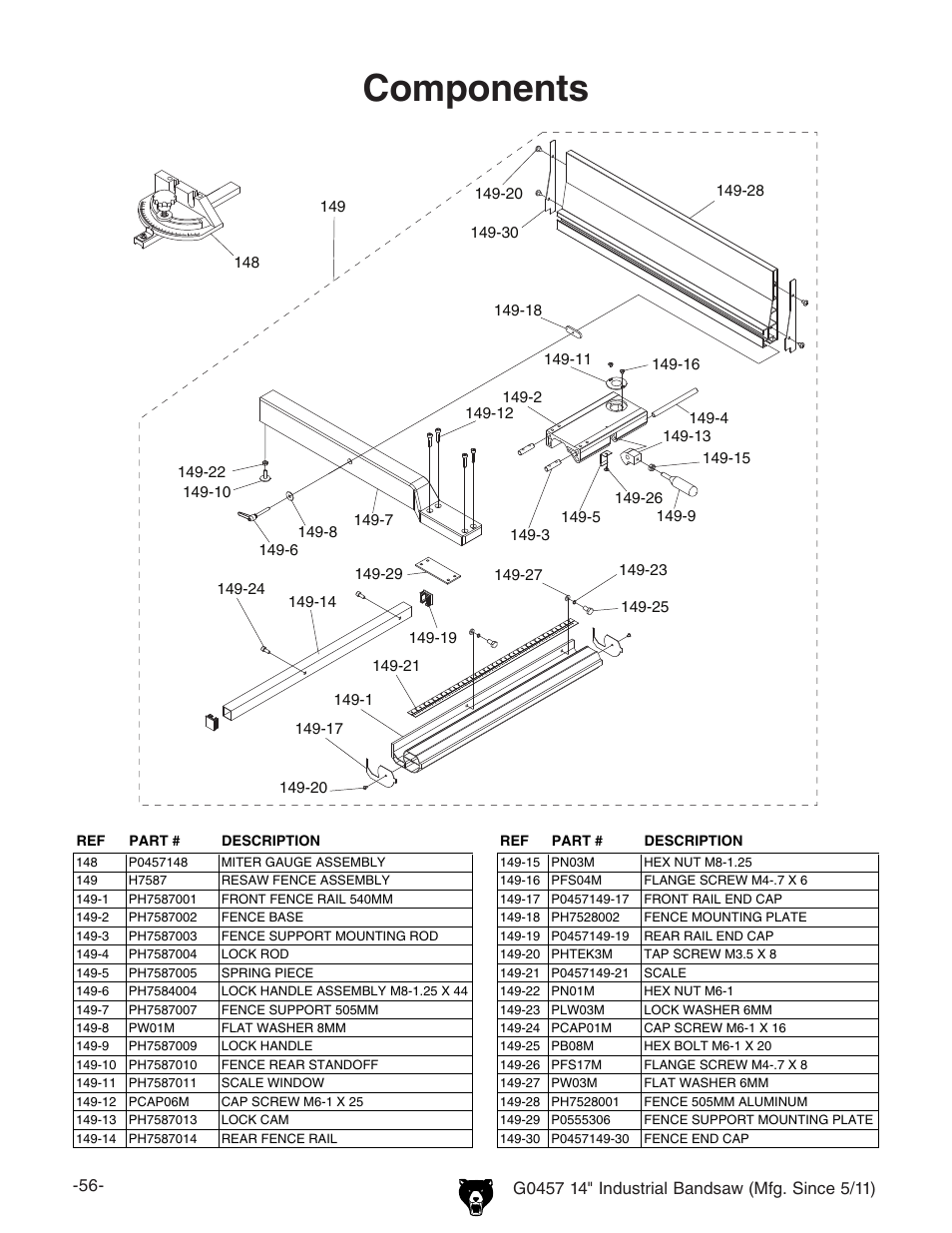 Components | Grizzly G0457 User Manual | Page 58 / 64