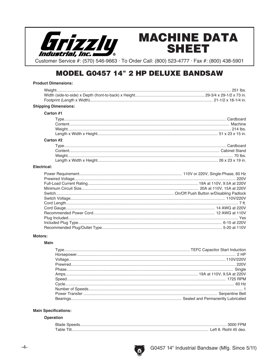 Machine data sheet | Grizzly G0457 User Manual | Page 6 / 64