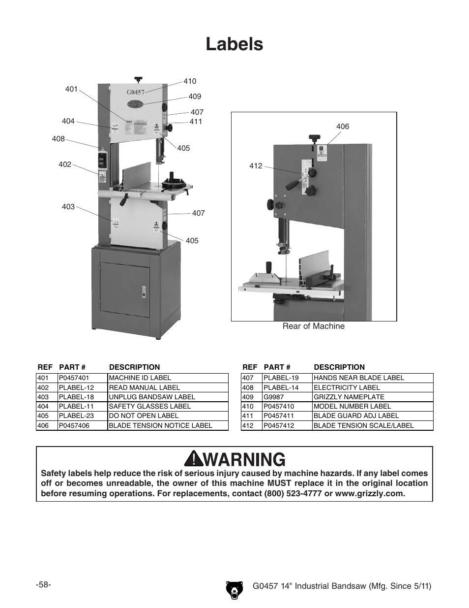 Labels | Grizzly G0457 User Manual | Page 60 / 64