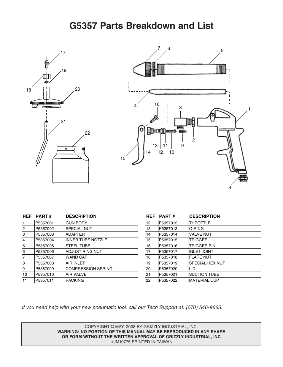 G5357 parts breakdown and list | Grizzly Engine Cleaning Gun G5357 User Manual | Page 2 / 2