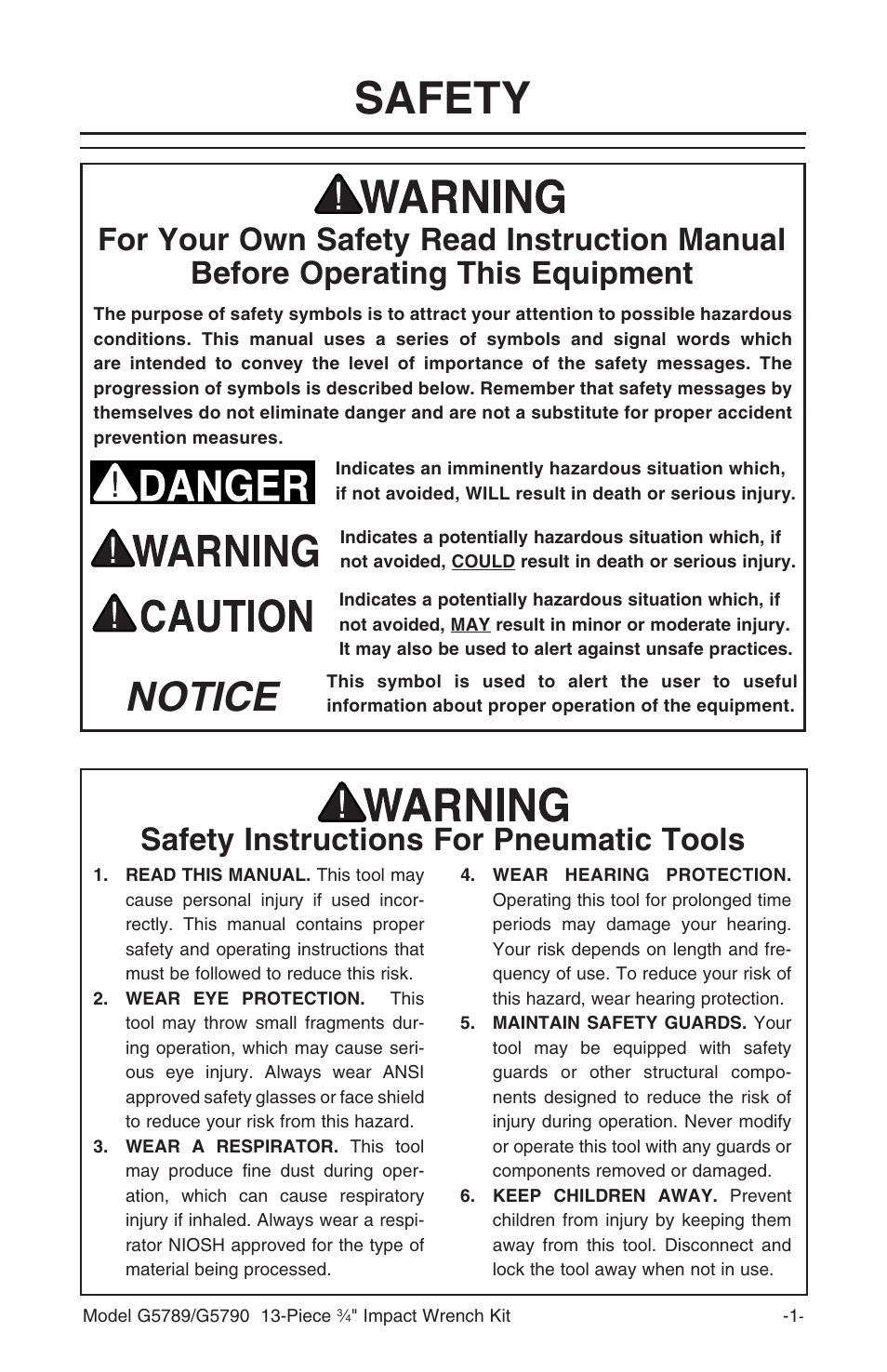 Safety, Notice, Safety instructions for pneumatic tools | Grizzly G5790 User Manual | Page 2 / 8