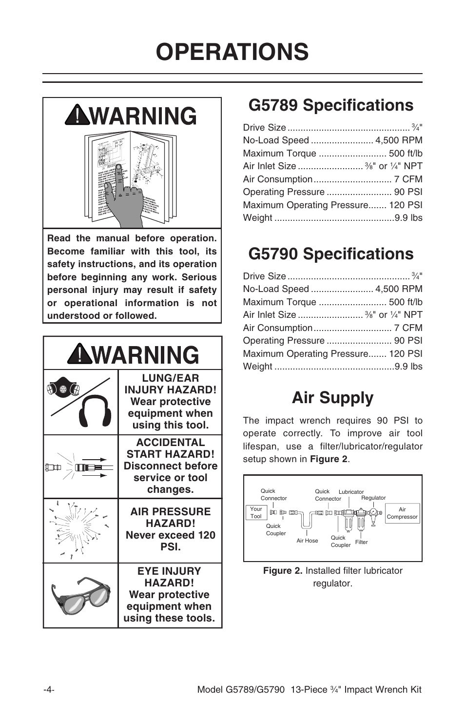 Operations, G5789 specifications, G5790 specifications | Air supply | Grizzly G5790 User Manual | Page 5 / 8