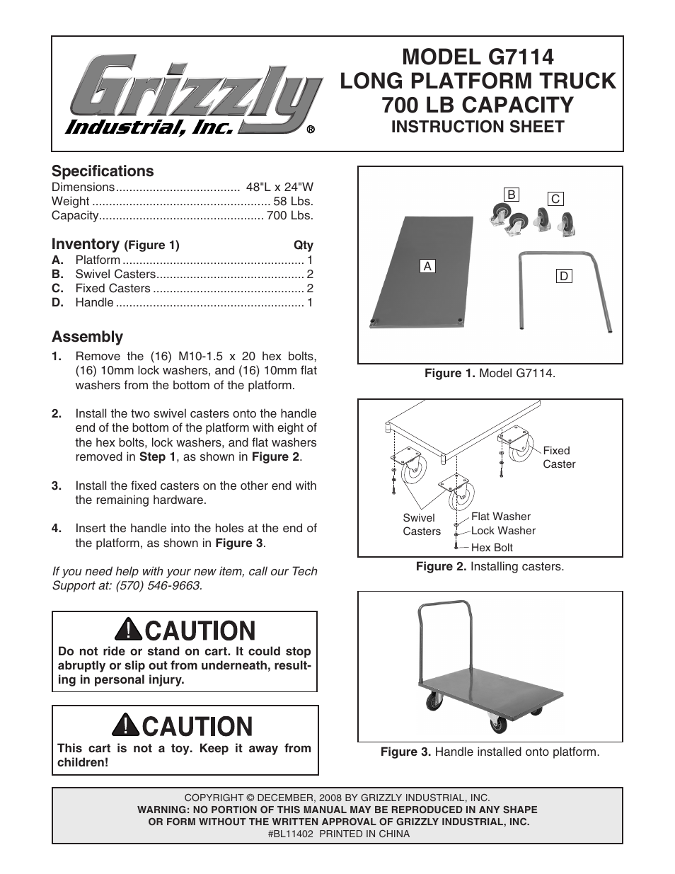 Grizzly Long Platform Truck G7114 User Manual | 2 pages