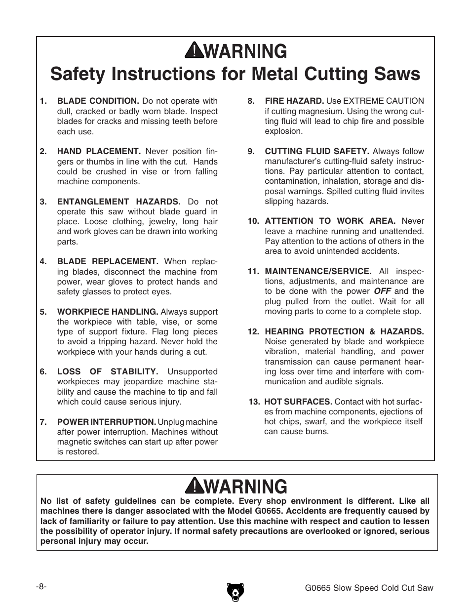 Safety instructions for metal cutting saws | Grizzly Slow Speed Cold Cut G0665 User Manual | Page 10 / 40
