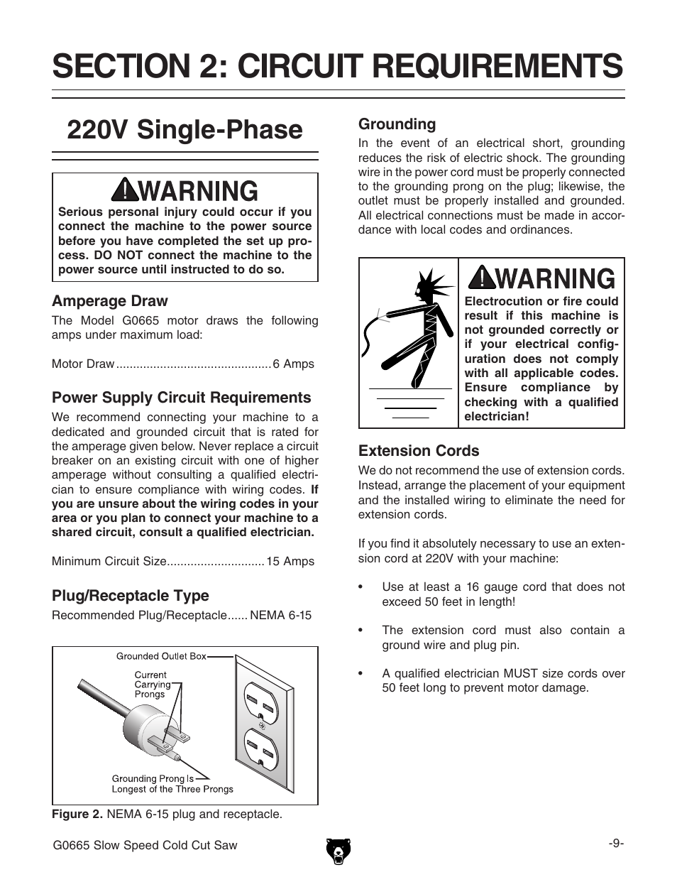 220v single-phase | Grizzly Slow Speed Cold Cut G0665 User Manual | Page 11 / 40