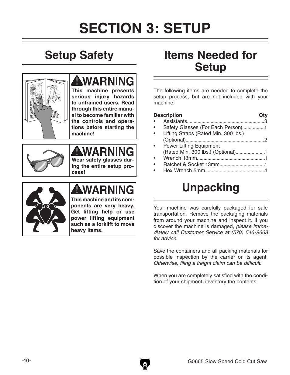 Setup safety, Items needed for setup, Unpacking | Grizzly Slow Speed Cold Cut G0665 User Manual | Page 12 / 40