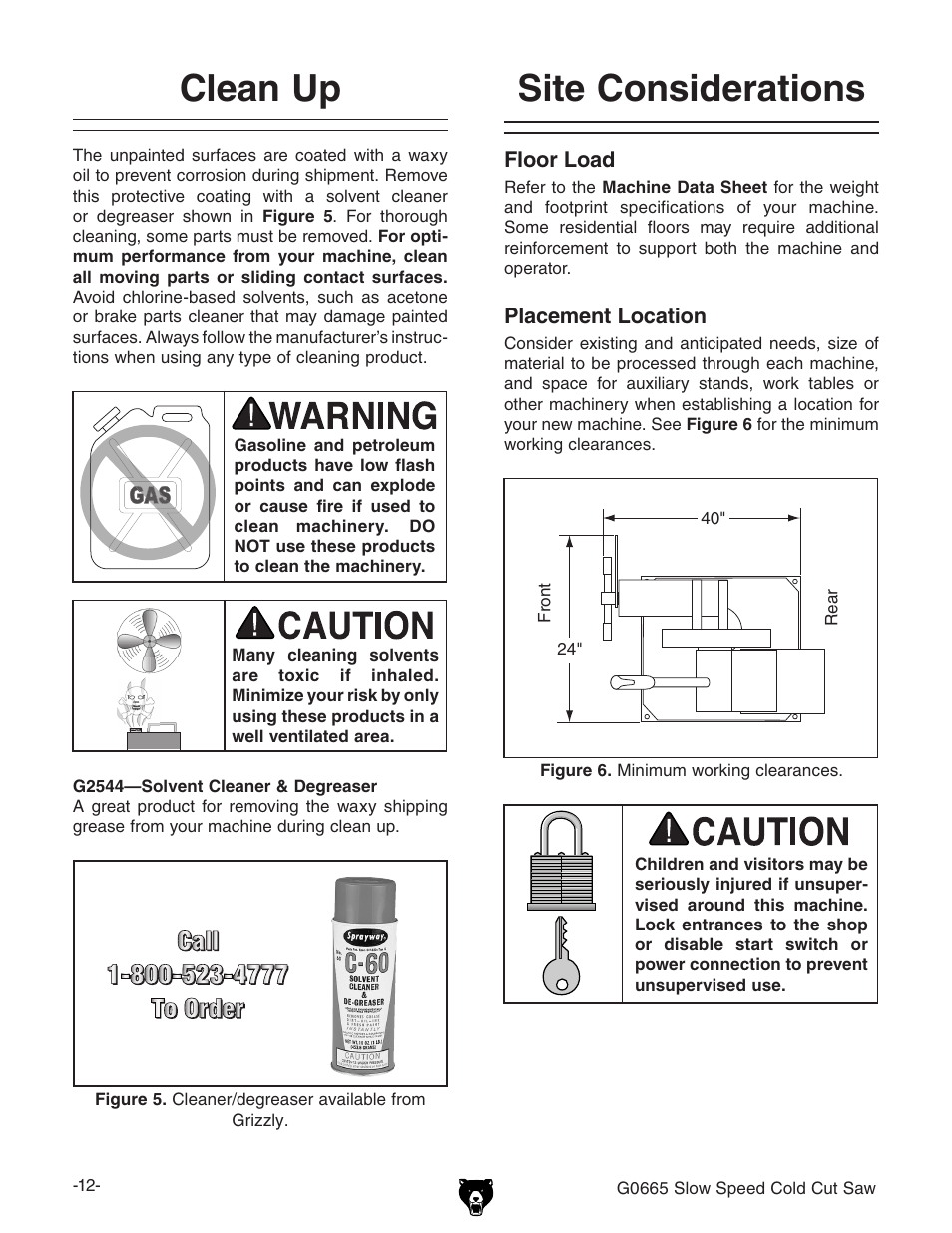 Site considerations, Clean up | Grizzly Slow Speed Cold Cut G0665 User Manual | Page 14 / 40