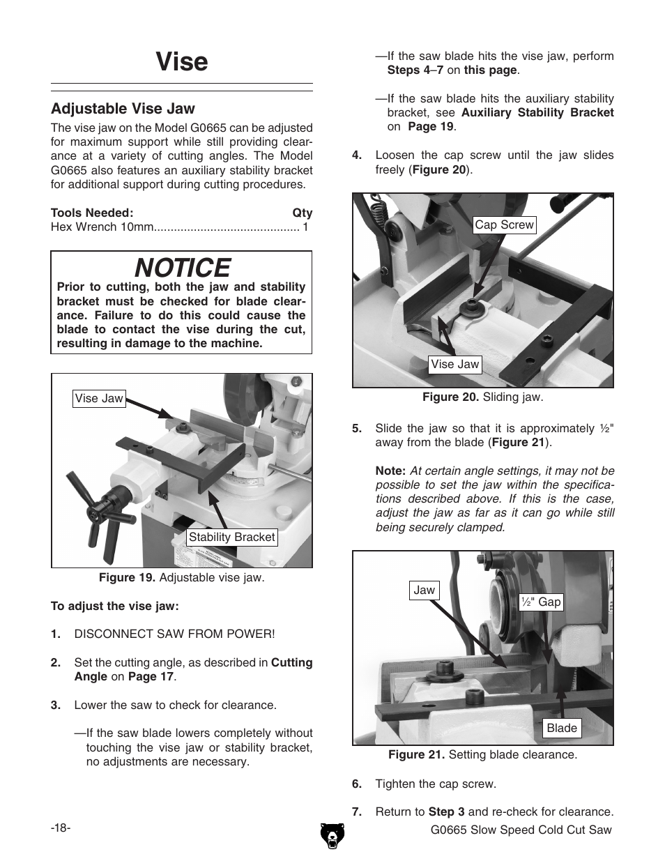 Vise, Notice, Adjustable vise jaw | Grizzly Slow Speed Cold Cut G0665 User Manual | Page 20 / 40