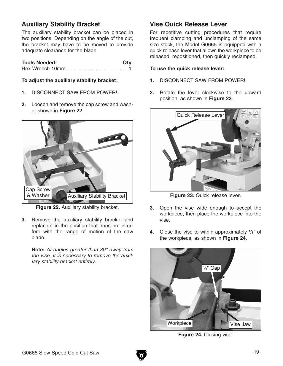 Auxiliary stability bracket, Vise quick release lever | Grizzly Slow Speed Cold Cut G0665 User Manual | Page 21 / 40