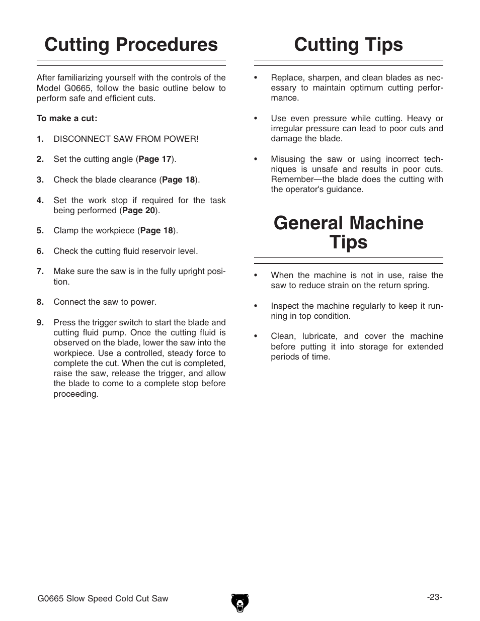 Cutting procedures, Cutting tips, General machine tips | Grizzly Slow Speed Cold Cut G0665 User Manual | Page 25 / 40