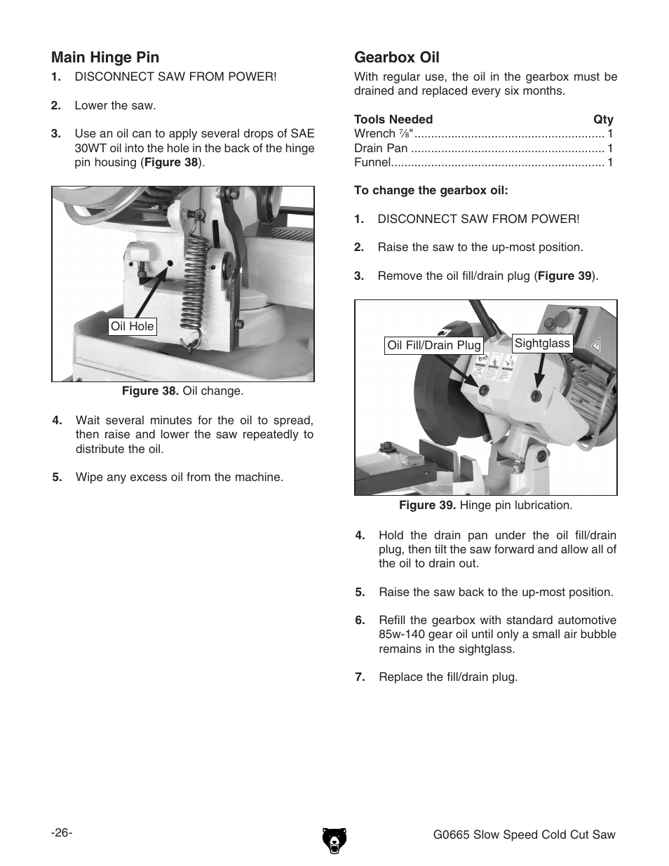 Gearbox oil, Main hinge pin | Grizzly Slow Speed Cold Cut G0665 User Manual | Page 28 / 40