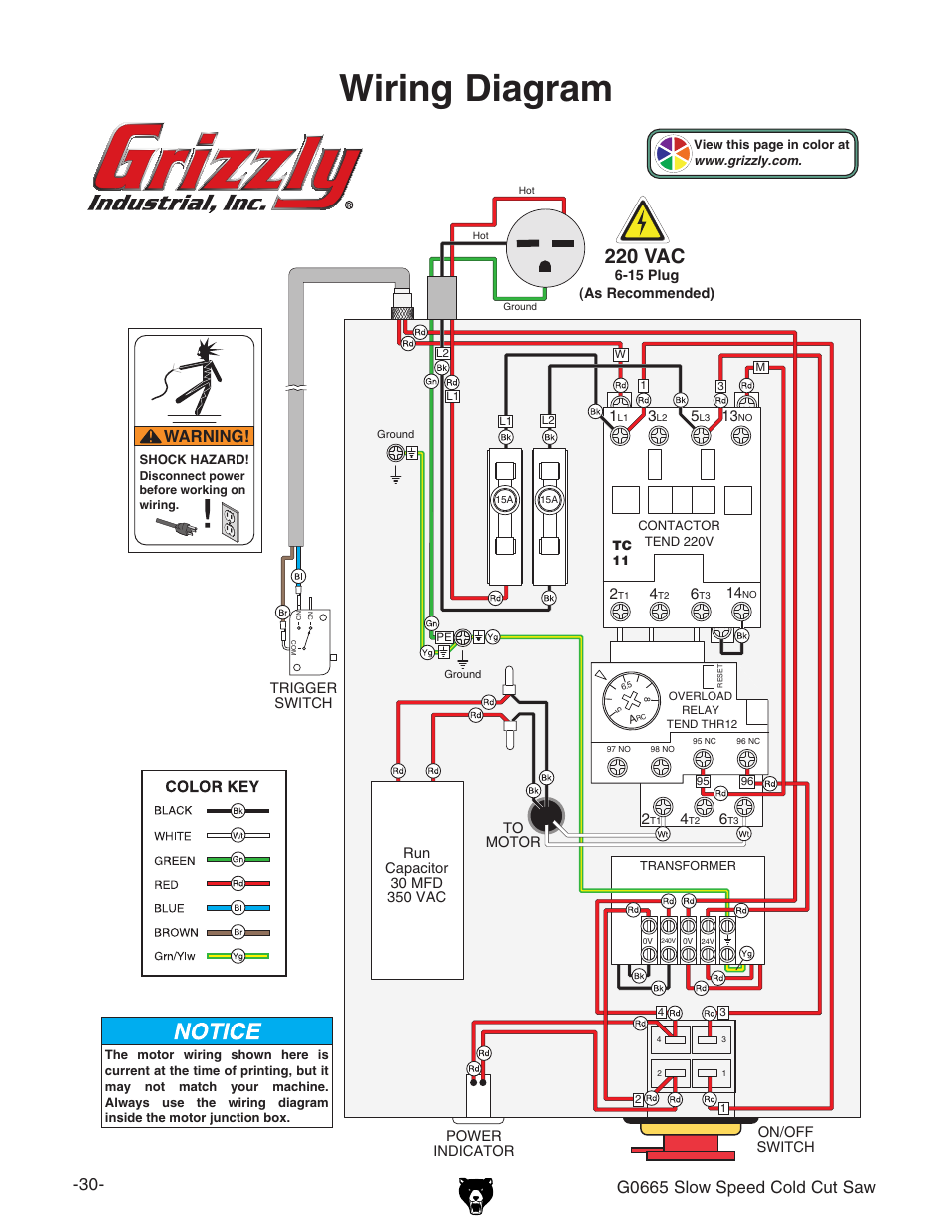 Wiring diagram, 220 vac, G0665 slow speed cold cut saw | Warning | Grizzly Slow Speed Cold Cut G0665 User Manual | Page 32 / 40