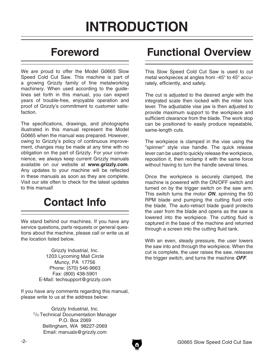 Introduction, Foreword, Contact info | Functional overview | Grizzly Slow Speed Cold Cut G0665 User Manual | Page 4 / 40