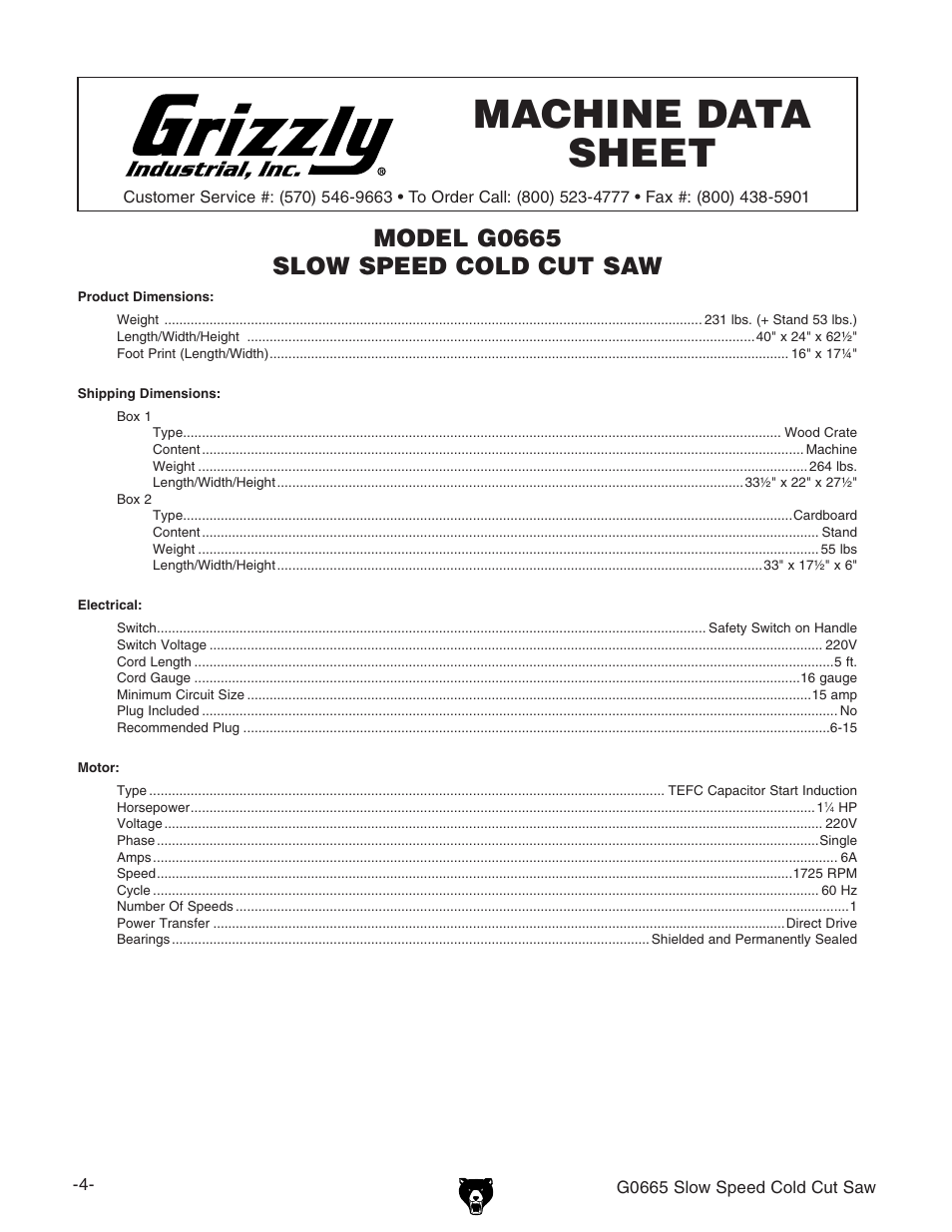 Machine data sheet, Model g0665 slow speed cold cut saw | Grizzly Slow Speed Cold Cut G0665 User Manual | Page 6 / 40