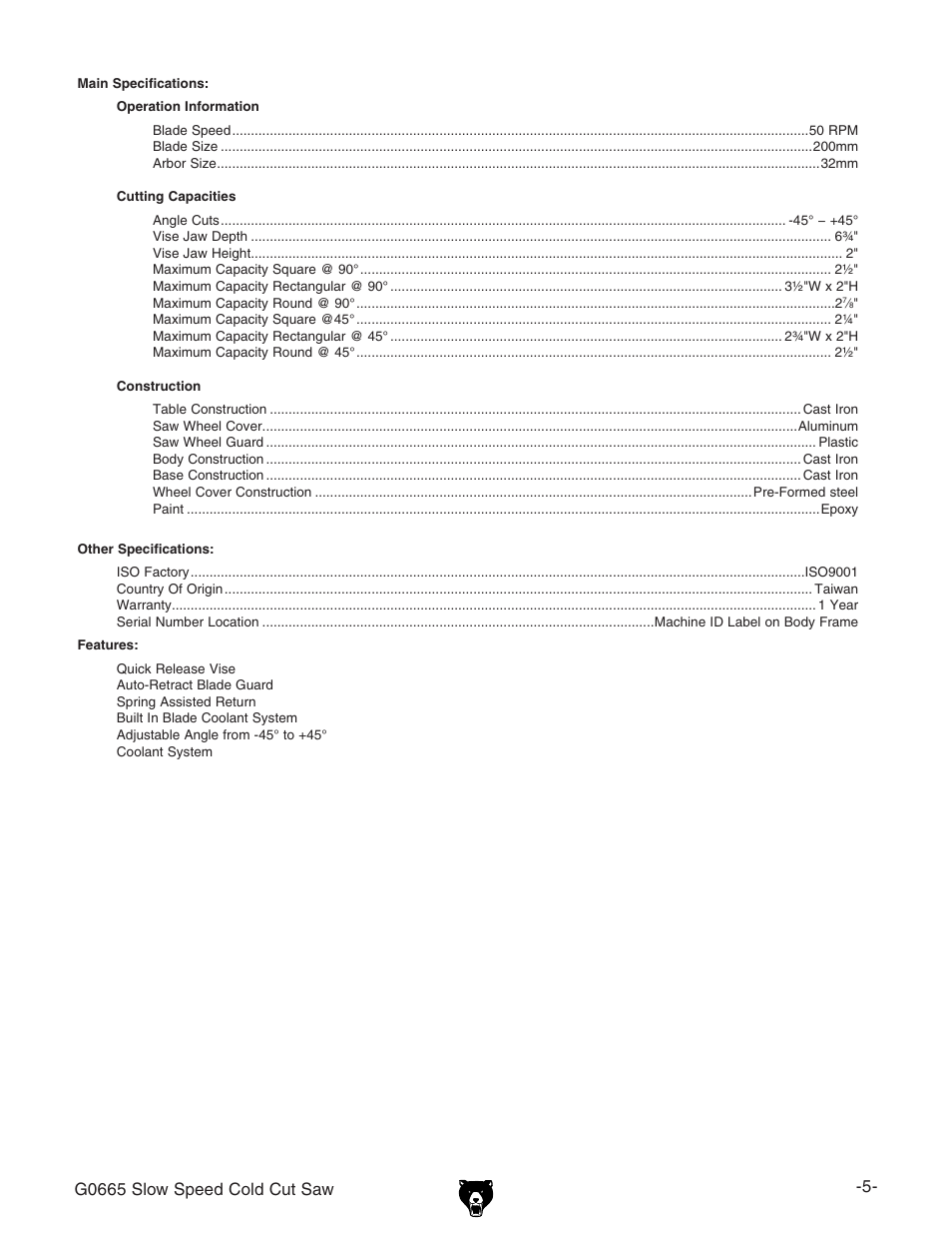 Grizzly Slow Speed Cold Cut G0665 User Manual | Page 7 / 40