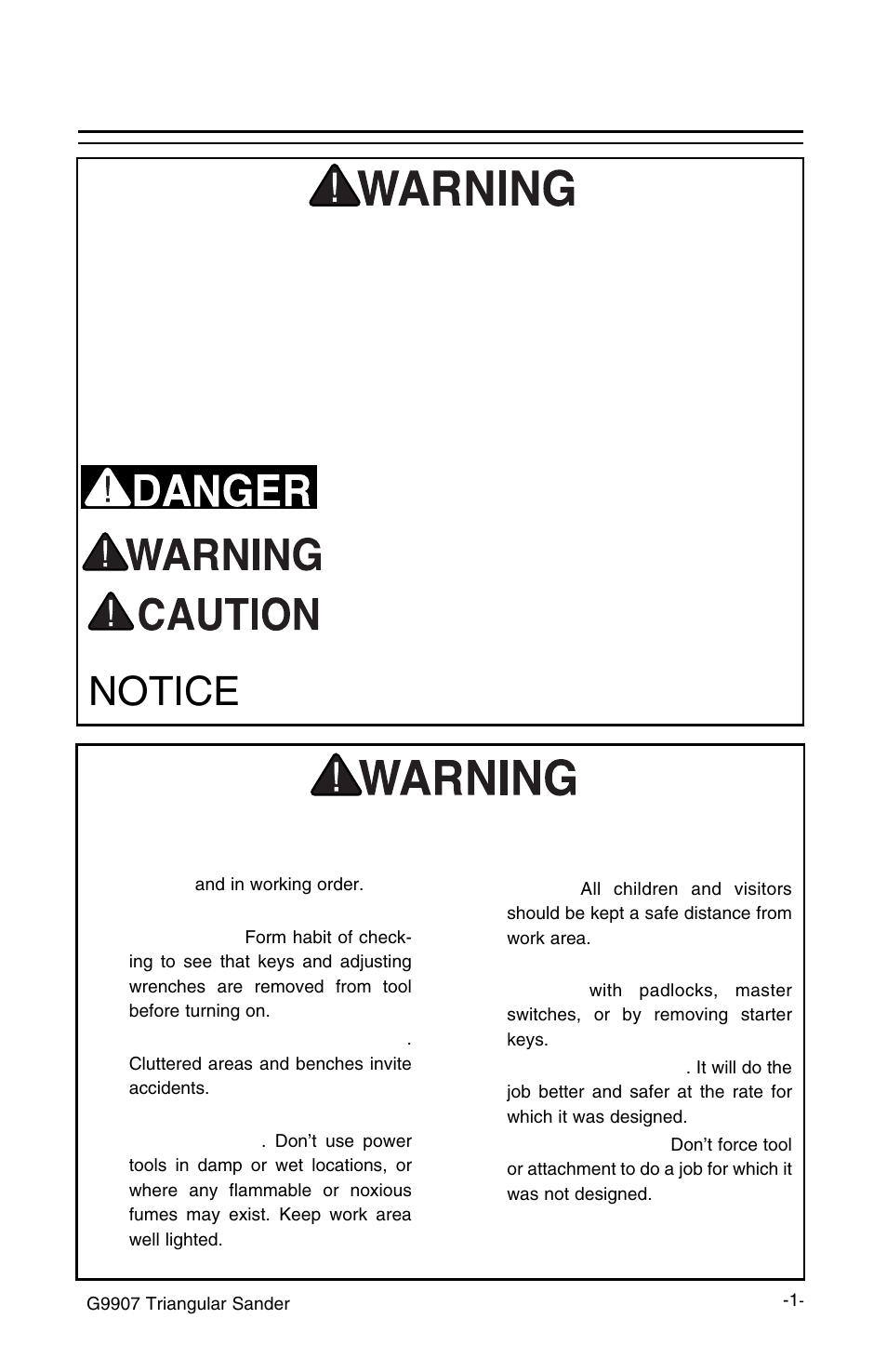 Safety, Notice, Safety instructions for power tools | Grizzly G9907 User Manual | Page 3 / 10