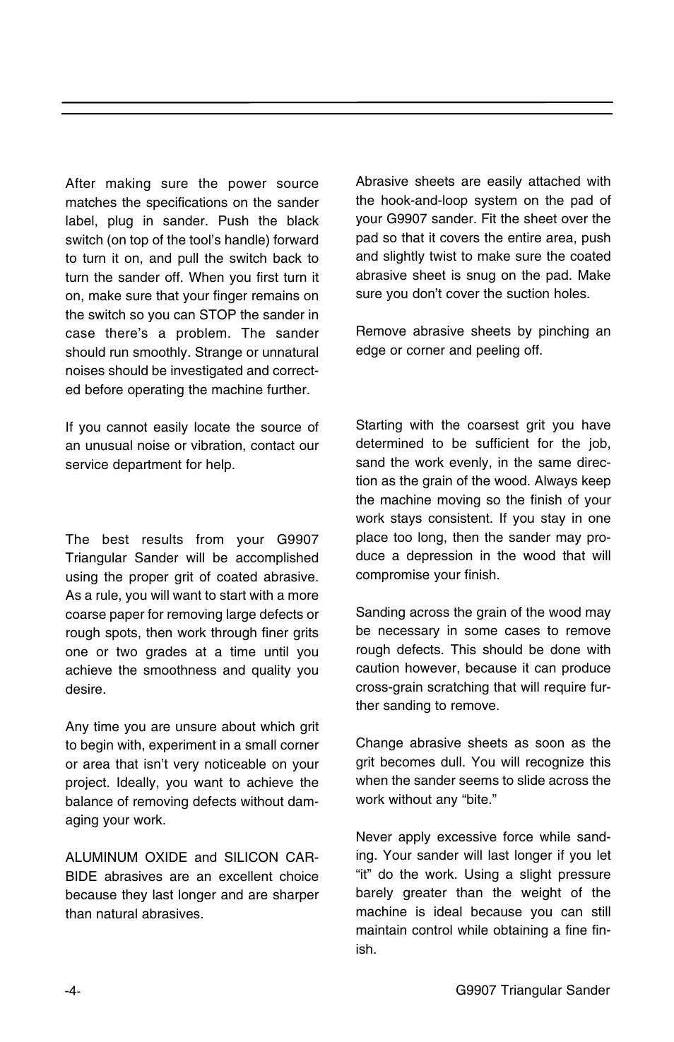 Operation instructions, Getting started, Selecting abrasives | Attaching abrasives, Using the sander | Grizzly G9907 User Manual | Page 6 / 10