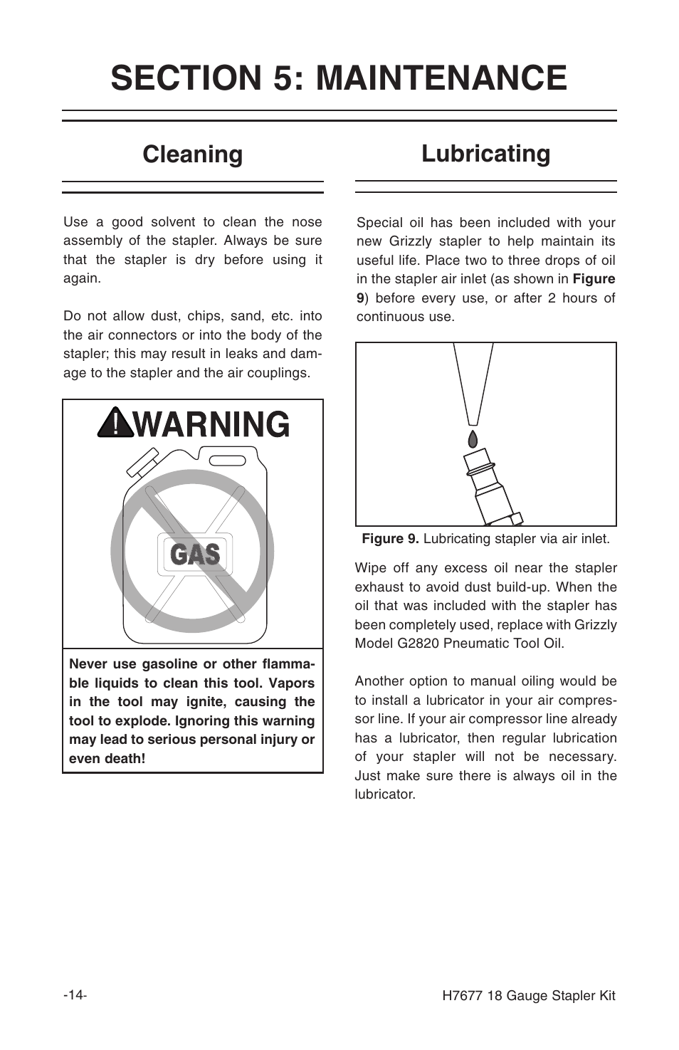 Cleaning, Lubricating | Grizzly H7677 User Manual | Page 14 / 20