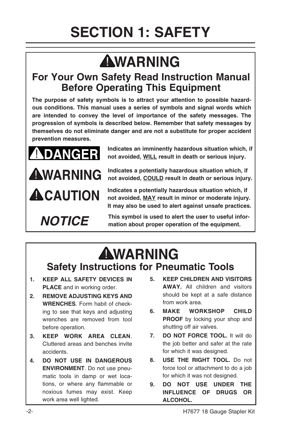 Notice, Safety instructions for pneumatic tools | Grizzly H7677 User Manual | Page 2 / 20