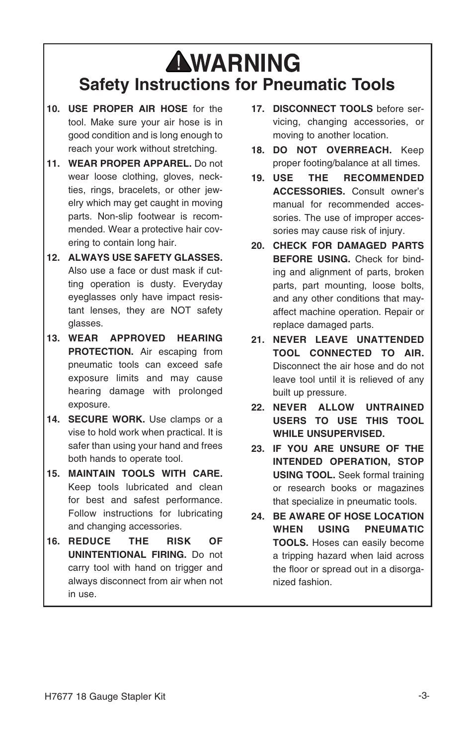 Safety instructions for pneumatic tools | Grizzly H7677 User Manual | Page 3 / 20