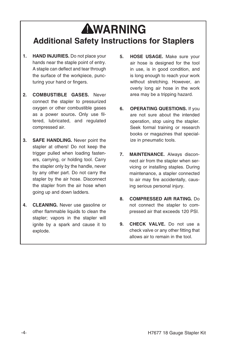 Additional safety instructions for staplers | Grizzly H7677 User Manual | Page 4 / 20