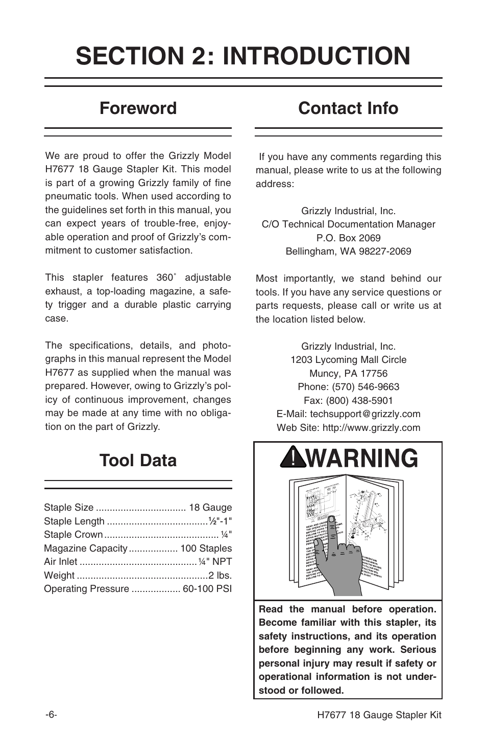 Foreword contact info tool data | Grizzly H7677 User Manual | Page 6 / 20