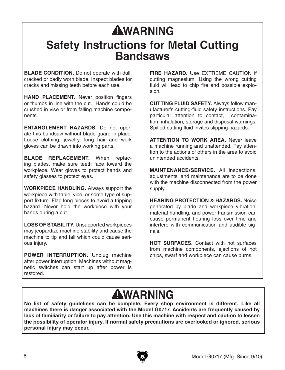 Safety instructions for metal cutting bandsaws | Grizzly G0717 User Manual | Page 10 / 60