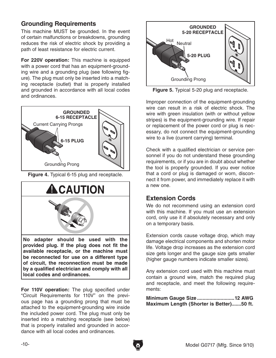 Extension cords, Grounding requirements | Grizzly G0717 User Manual | Page 12 / 60
