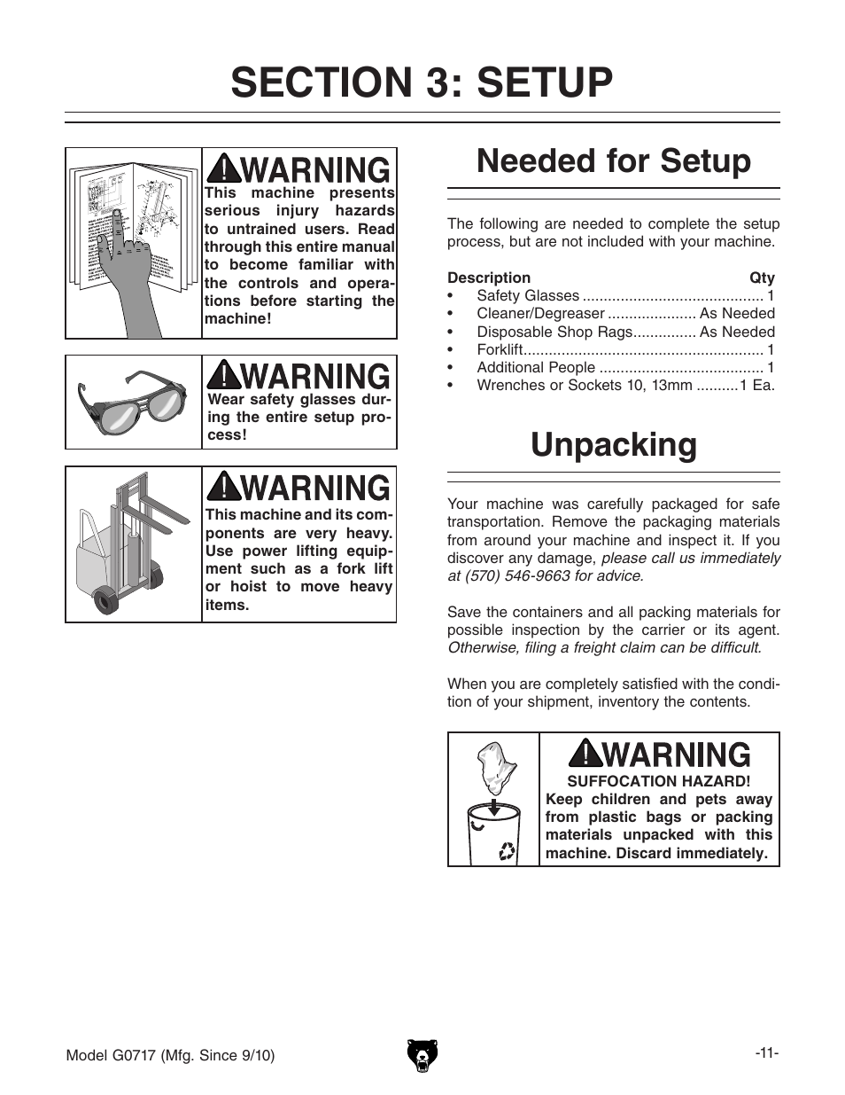 Needed for setup, Unpacking | Grizzly G0717 User Manual | Page 13 / 60