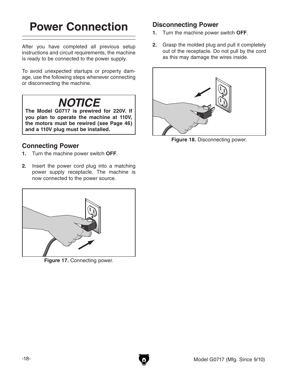 Power connection, Notice | Grizzly G0717 User Manual | Page 20 / 60