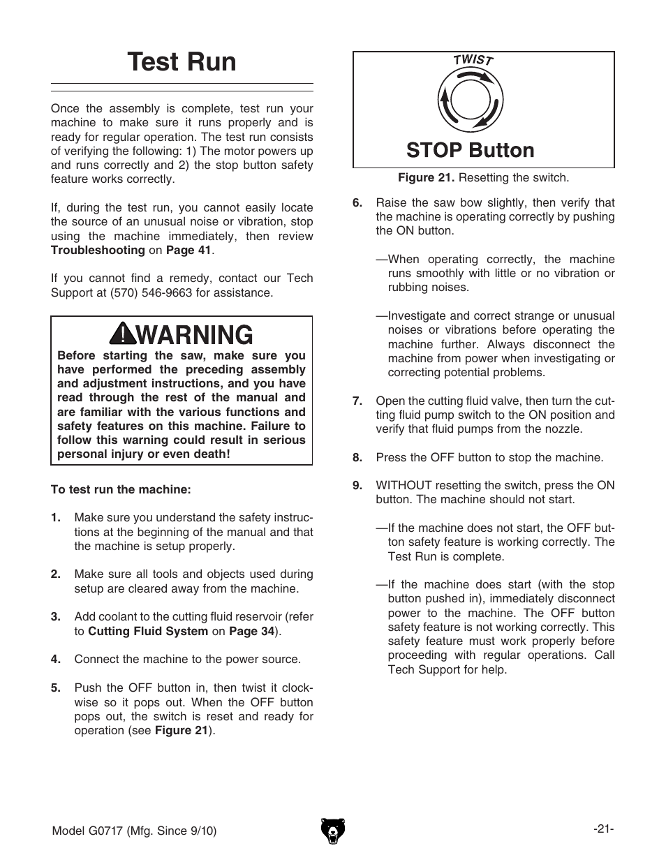 Test run | Grizzly G0717 User Manual | Page 23 / 60