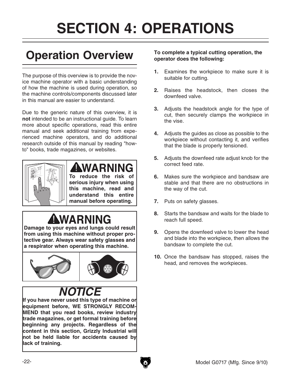 Operation overview, Notice | Grizzly G0717 User Manual | Page 24 / 60