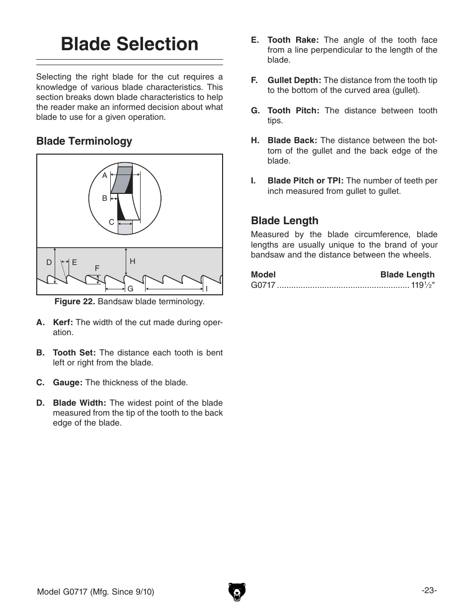 Blade selection, Blade terminology, Blade length | Grizzly G0717 User Manual | Page 25 / 60
