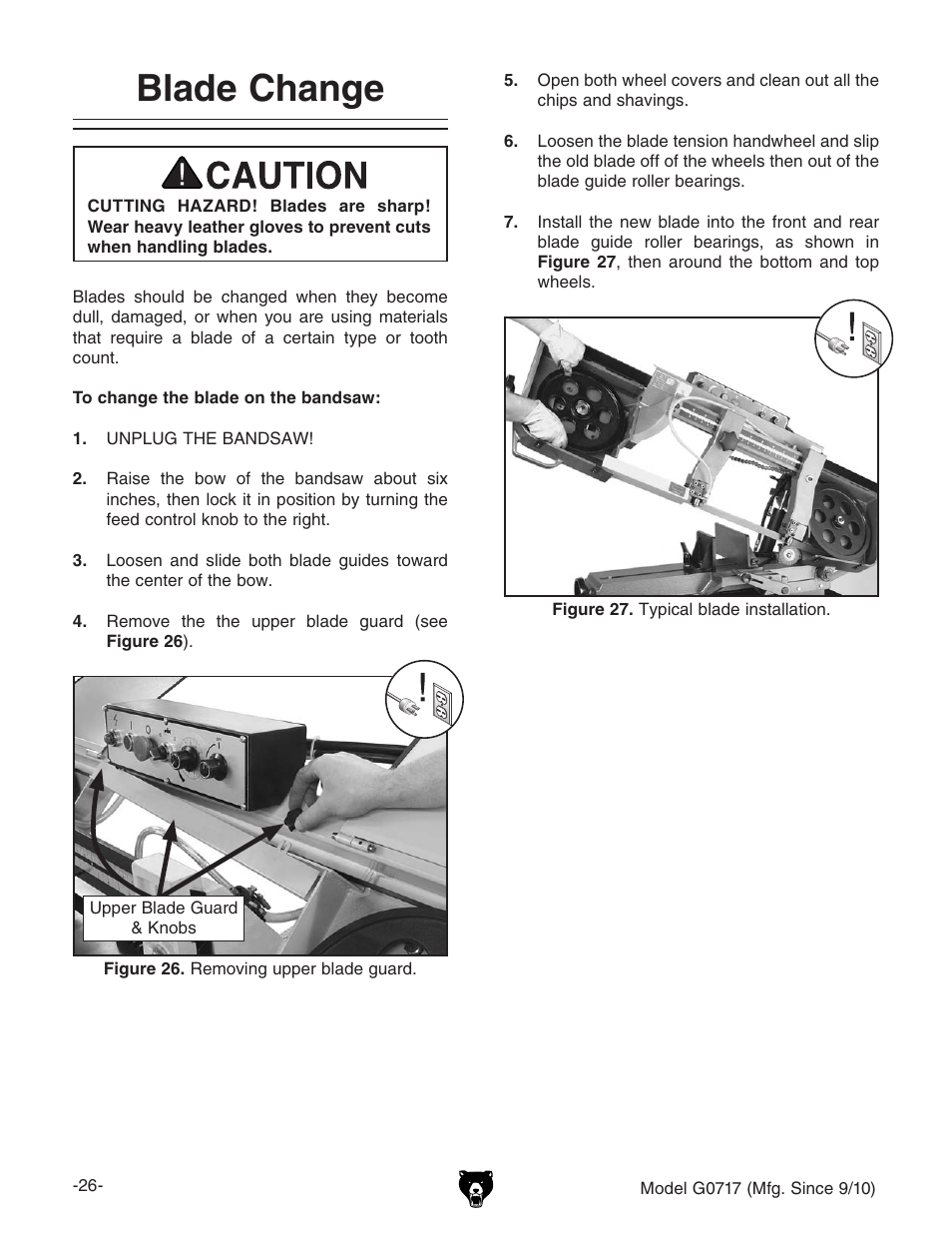 Blade change | Grizzly G0717 User Manual | Page 28 / 60