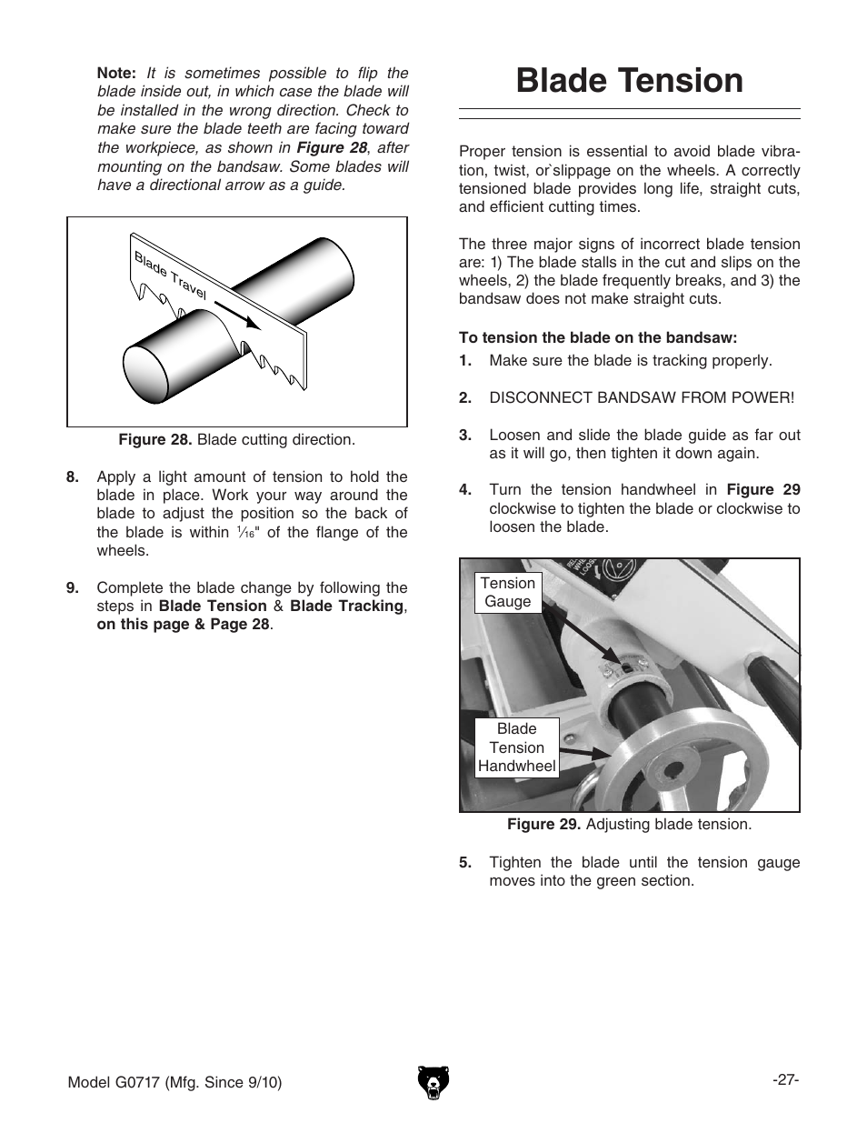 Blade tension | Grizzly G0717 User Manual | Page 29 / 60