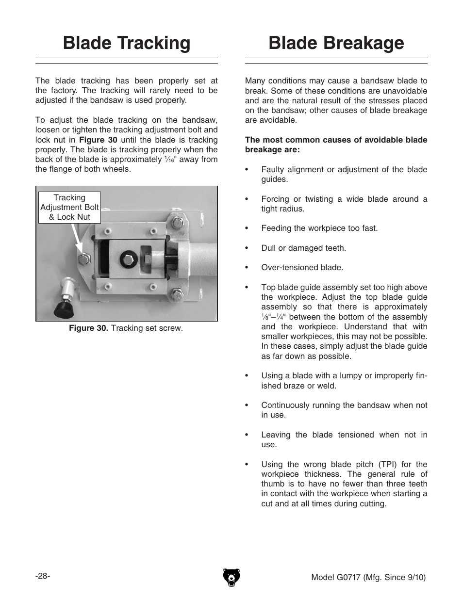 Blade tracking, Blade breakage | Grizzly G0717 User Manual | Page 30 / 60