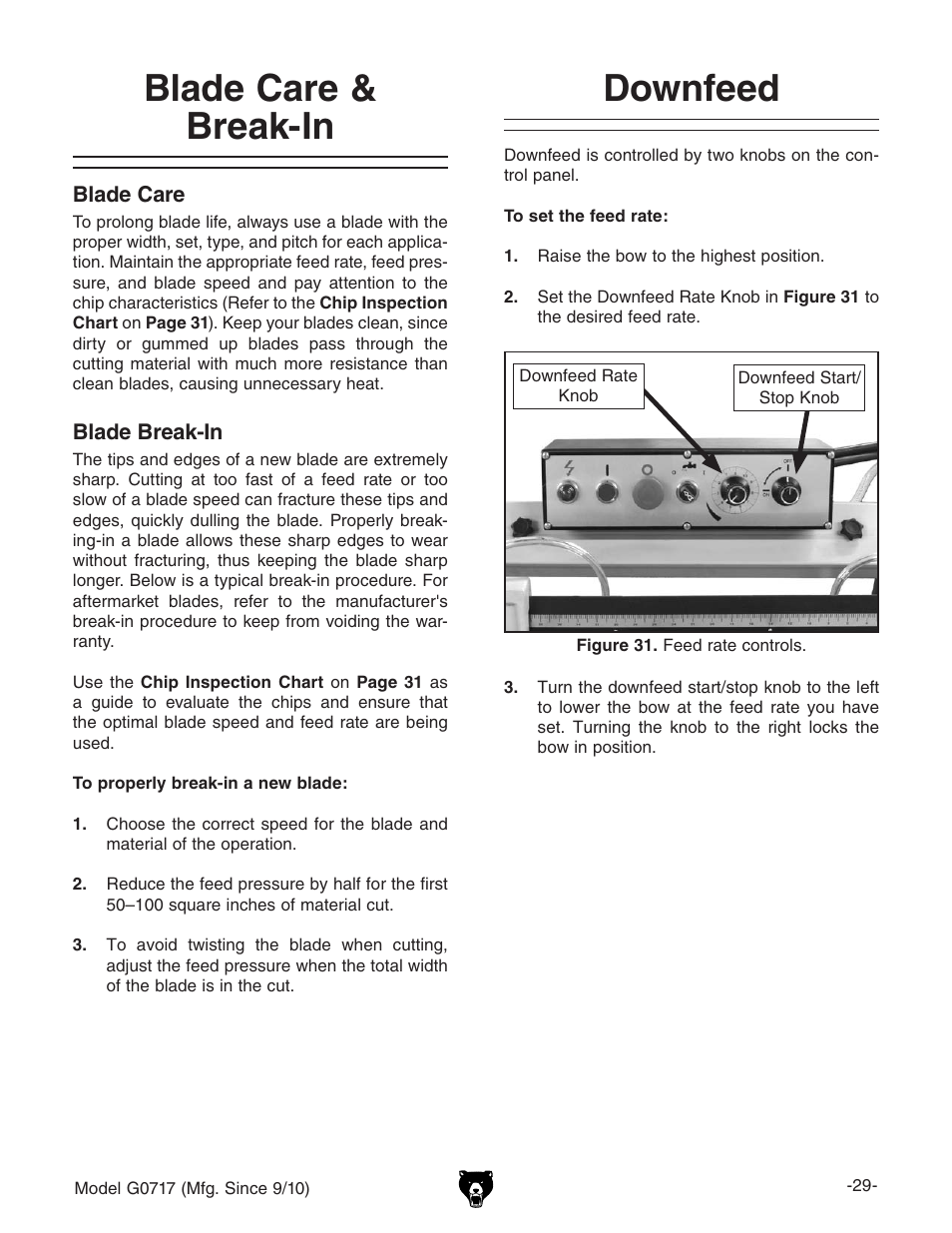 Blade care & break-in downfeed | Grizzly G0717 User Manual | Page 31 / 60