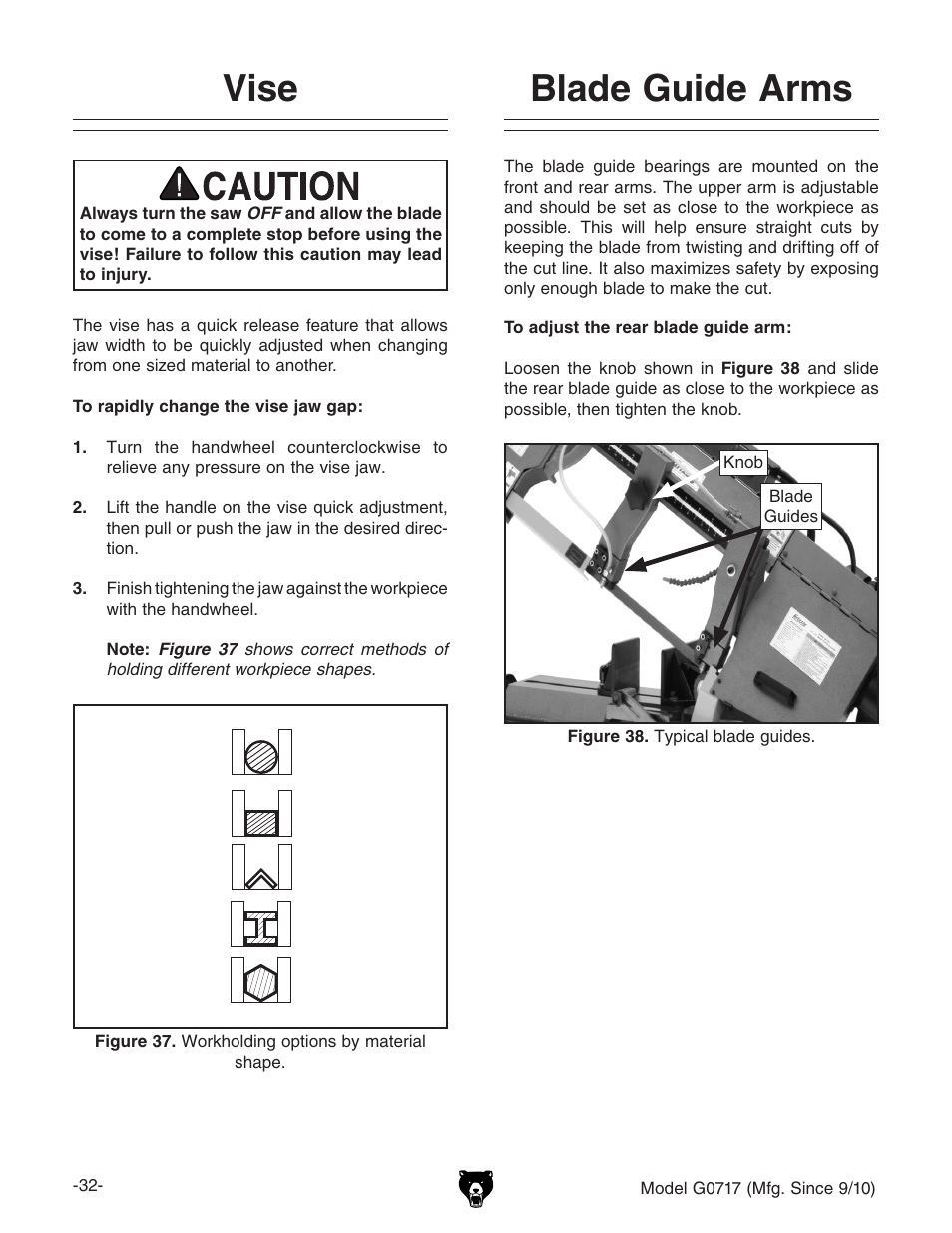 Vise, Blade guide arms | Grizzly G0717 User Manual | Page 34 / 60