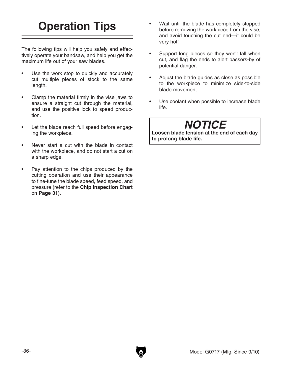 Operation tips notice | Grizzly G0717 User Manual | Page 38 / 60