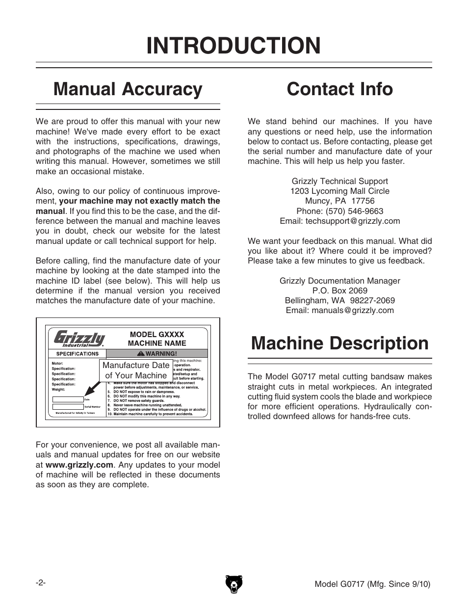 Introduction, Machine description, Manual accuracy | Contact info | Grizzly G0717 User Manual | Page 4 / 60